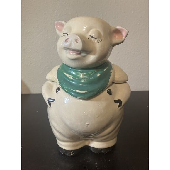 Vintage 1940s Shawnee Pottery Smiley Pig Cookie Jar Blue-Green Bandana - Picture 1 of 7